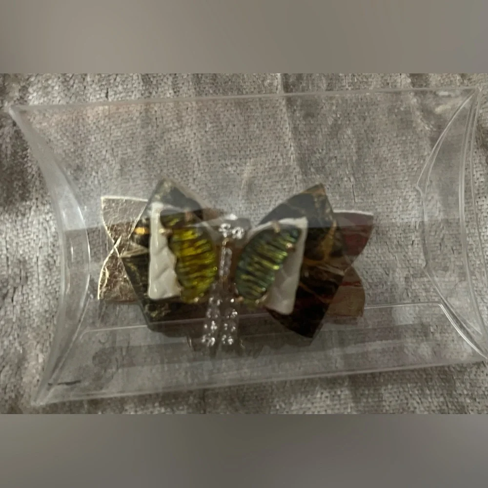 Gold & White Hair Bow, Rhinestone Butterfly, Children & Pets, New